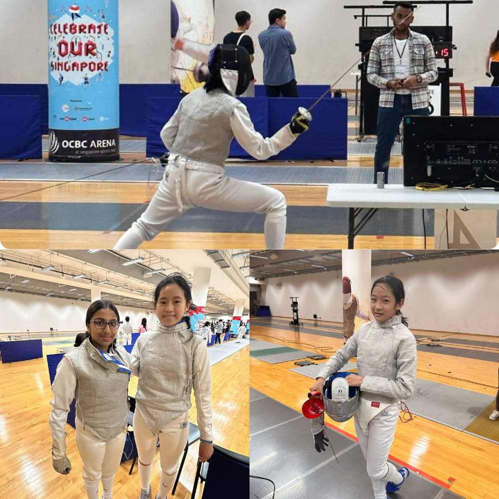 Young fencers in white gear compete and pose at OCBC Arena during a Singapore fencing event.